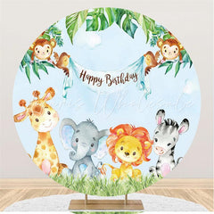 Lofaris Blue Animals And Green Leave Round Birthday Backdrop