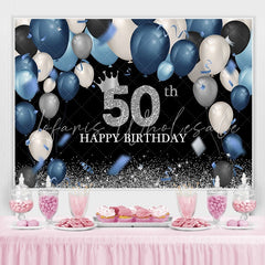 Lofaris Blue Balloon 50th Birthday Glitter Black Backdrop