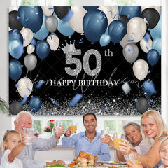 Lofaris Blue Balloon 50th Birthday Glitter Black Backdrop