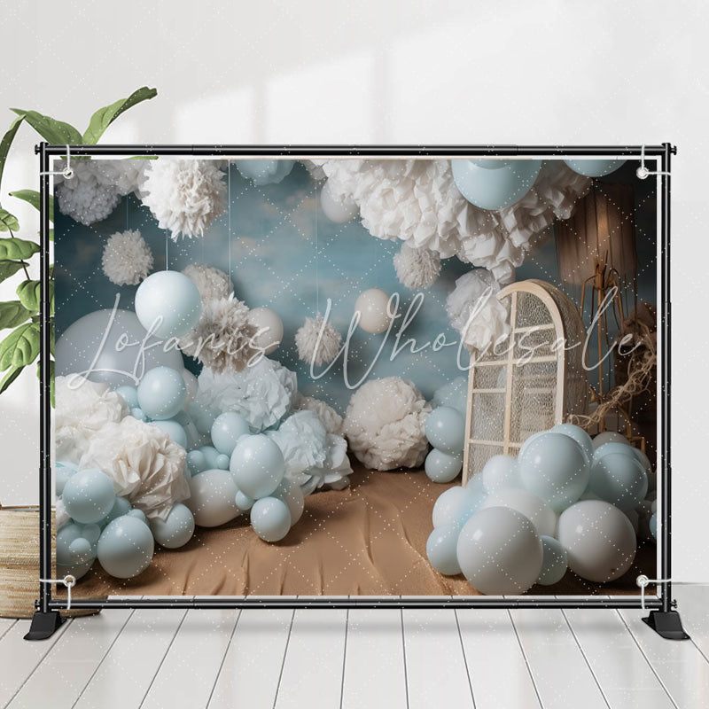 Lofaris Blue Balloons White Velvet Flower Birthday Backdrop