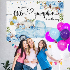 Lofaris Blue Car and Florals Pumpkin Baby Shower Backdrop