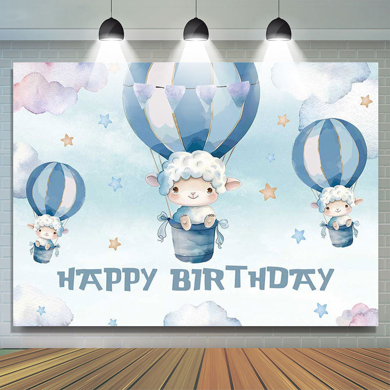 Lofaris Blue Cloud Hot Air Balloon Lamb Birthday Backdrop