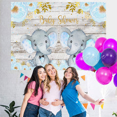 Lofaris Blue Elephant And Floral Wood Baby Shower Backdrop