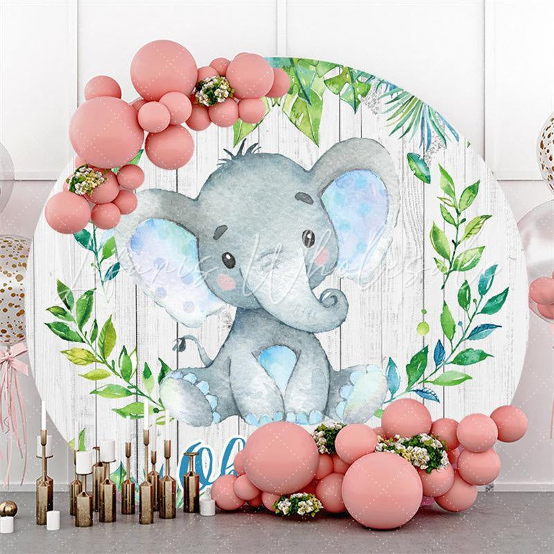 Lofaris Blue Elephant With Wood Round Baby Shower Backdrop