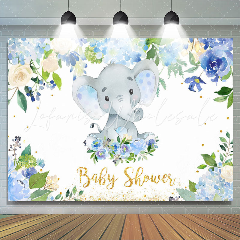 Lofaris Blue Floral and Baby Elephent Shower Backdrop