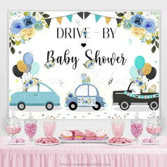 Lofaris Blue Floral And Balloon Car Drive By Baby Shower Backdrop