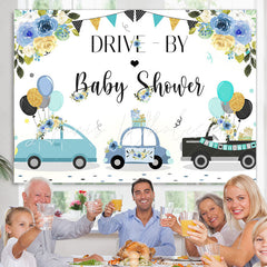 Lofaris Blue Floral And Balloon Car Drive By Baby Shower Backdrop