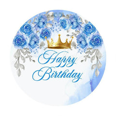 Lofaris Blue Floral And Crown Round Happy Birthday Backdrop