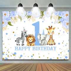 Lofaris Blue Floral Animals Safari 1St Birthday Backdrop