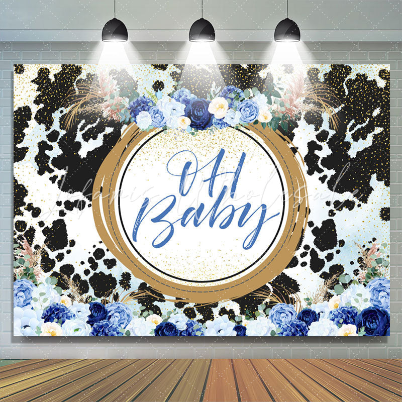 Lofaris Blue Floral Dairy Cattle Gold Baby Shower Backdrop