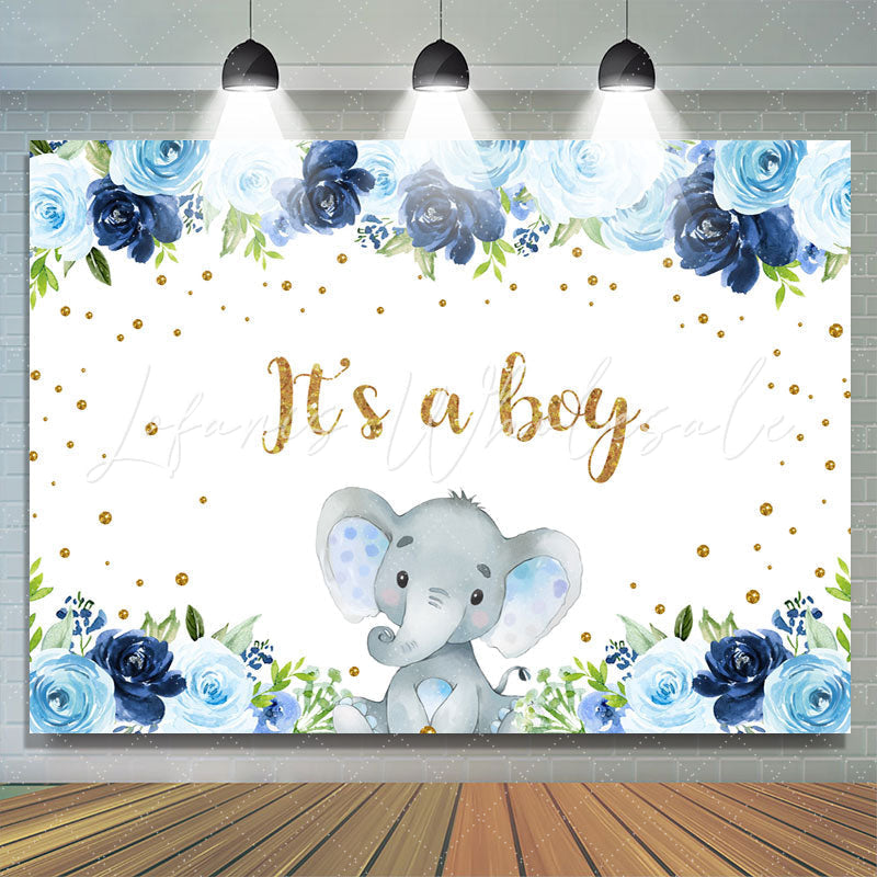 Lofaris Blue Floral Elephant Its A Boy Backdrop for Baby Shower