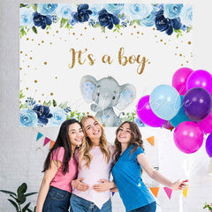 Lofaris Blue Floral Elephant Its A Boy Backdrop for Baby Shower