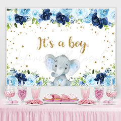 Lofaris Blue Floral Elephant Its A Boy Backdrop for Baby Shower