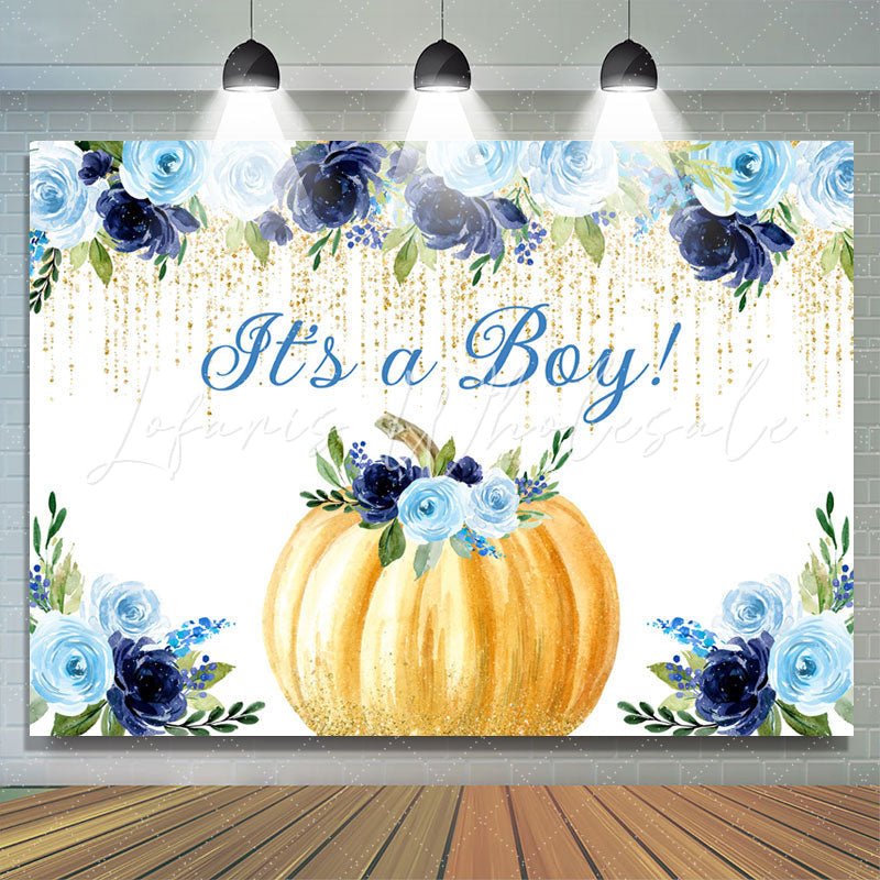 Lofaris Blue Floral Gold Glitter Pumpkin Baby Shower Backdrop