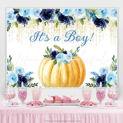 Lofaris Blue Floral Gold Glitter Pumpkin Baby Shower Backdrop