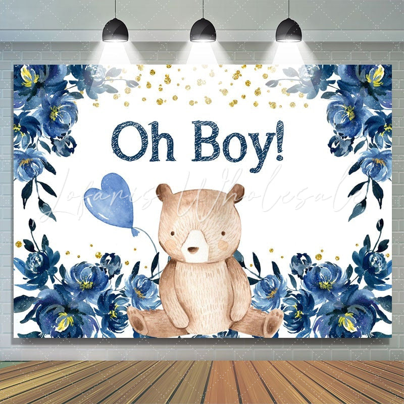 Lofaris Blue flower balloon teddy bear baby shower Backdrop