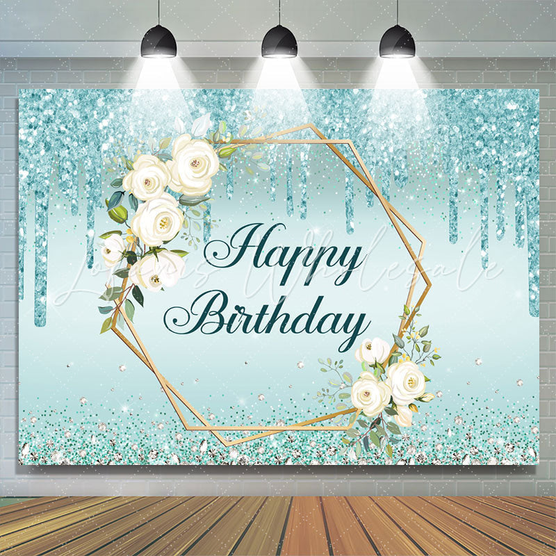 Lofaris Blue Glitter And Floral Happy Birthday Party Backdrop