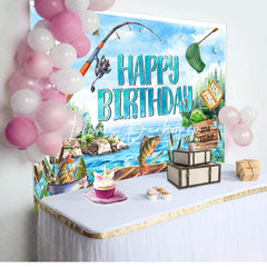 Lofaris Blue Lake Wood Boat Fishing Happy Birthday Backdrop