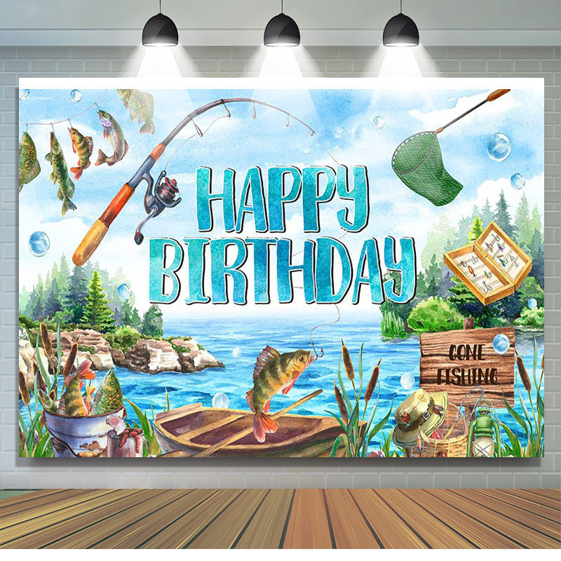 Lofaris Blue Lake Wood Boat Fishing Happy Birthday Backdrop