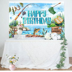 Lofaris Blue Lake Wood Boat Fishing Happy Birthday Backdrop