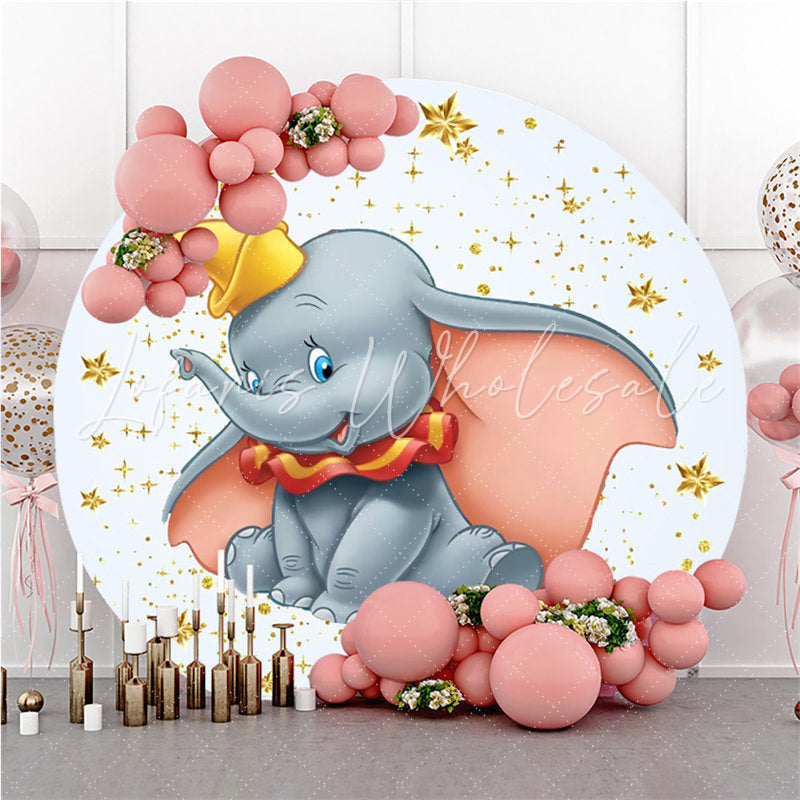 Lofaris Blue Little Elephant Round Gold Star Baby Shower Backdrop