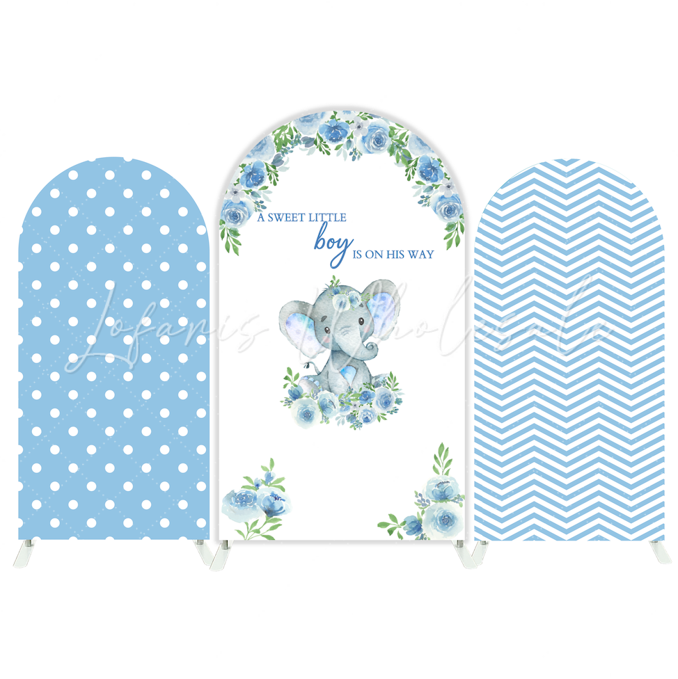 Blue Polka Dot Stripe Elephant Flora Arch Backdrop Wall Cloth Cover For Birthday Baby Shower Gender Reveal Party