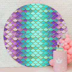 Lofaris Blue Purple Scale Mermaid Round Birthday Backdrop