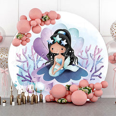 Lofaris Blue Purple Shell Mermaid Round Birthday Backdrop