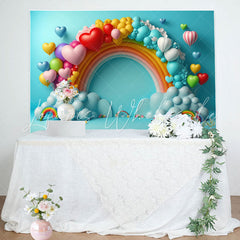 Lofaris Blue Rainbow Heart Balloon Happy Birthday Backdrop