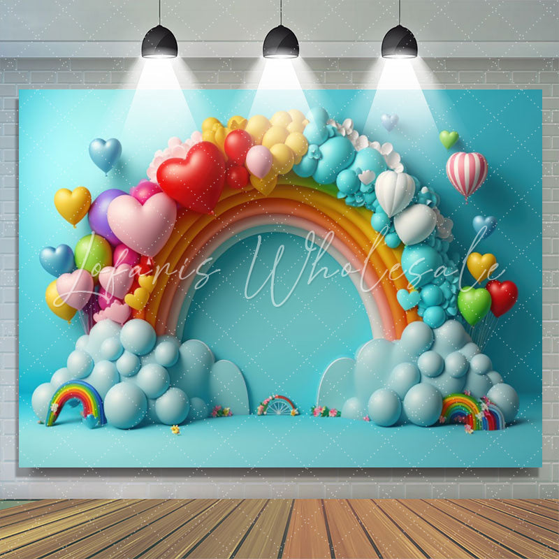 Lofaris Blue Rainbow Heart Balloon Happy Birthday Backdrop