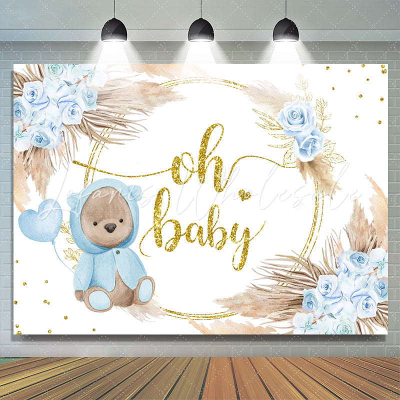 Lofaris Blue Rose Gold Oh Baby Bear Floral Shower Backdrop