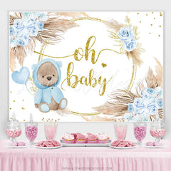 Lofaris Blue Rose Gold Oh Baby Bear Floral Shower Backdrop