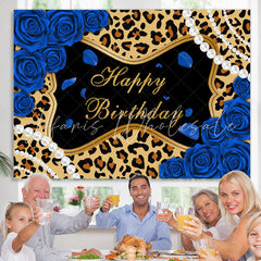 Lofaris Blue Roses Leopard Glitter Happy Birthday Backdrop