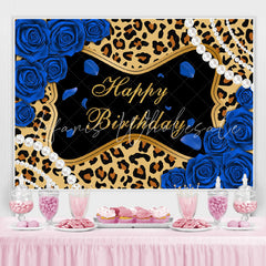 Lofaris Blue Roses Leopard Glitter Happy Birthday Backdrop