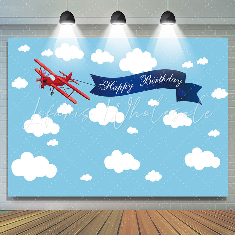 Lofaris Blue Sky and Cloud Red Plane Happy Birthday Backdrop