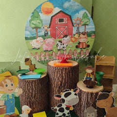 Lofaris Blue Sky And Farm House Round Animals Birthday Backdorp