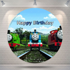 Lofaris Blue Sky And Little Train Round Happy Birthday Backdrop