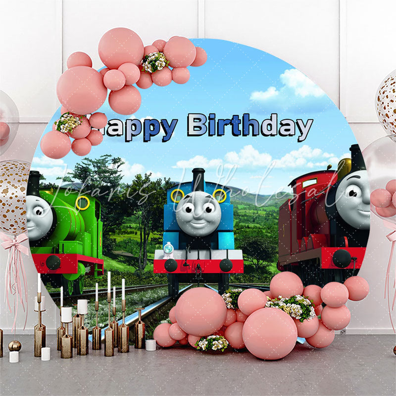 Lofaris Blue Sky And Little Train Round Happy Birthday Backdrop