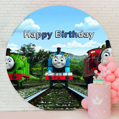 Lofaris Blue Sky And Little Train Round Happy Birthday Backdrop