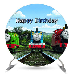 Lofaris Blue Sky And Little Train Round Happy Birthday Backdrop