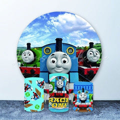 Lofaris Blue Sky And Train Happy Birthday Round Backdrop Kit