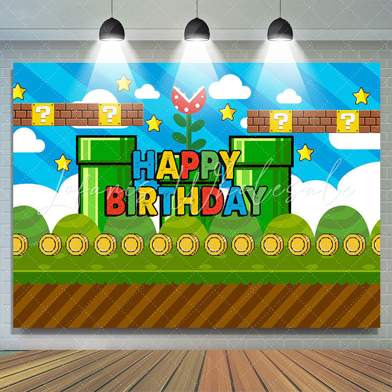 Lofaris Blue Sky Coin Green Game Level Boy Birthday Backdrop