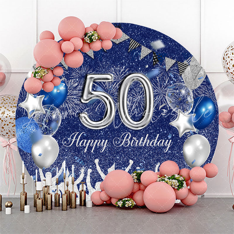 Lofaris Blue Sliver Balloon Round 50Th Birthday Backdrop