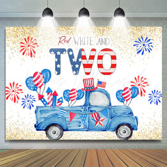 Lofaris Blue Truck Gold Glitter Independence 2nd Birthday Backdrop