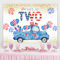 Lofaris Blue Truck Gold Glitter Independence 2nd Birthday Backdrop