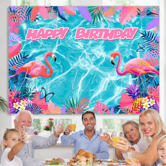 Lofaris Blue Water Pink Flamingo Monstera Birthday Backdrop