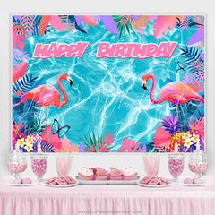 Lofaris Blue Water Pink Flamingo Monstera Birthday Backdrop