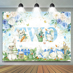 Lofaris Blue White Floral Rabbit Duck 2nd Birthday Backdrop