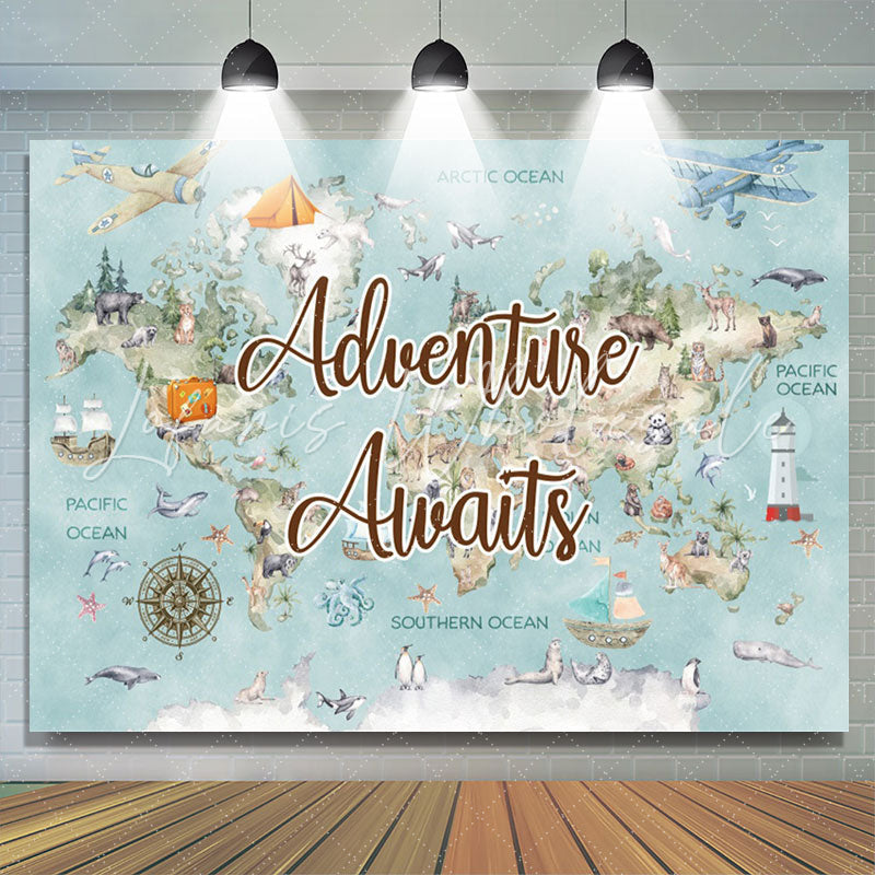 Lofaris Blue World Map Travel Baby Shower Backdrop For Boy