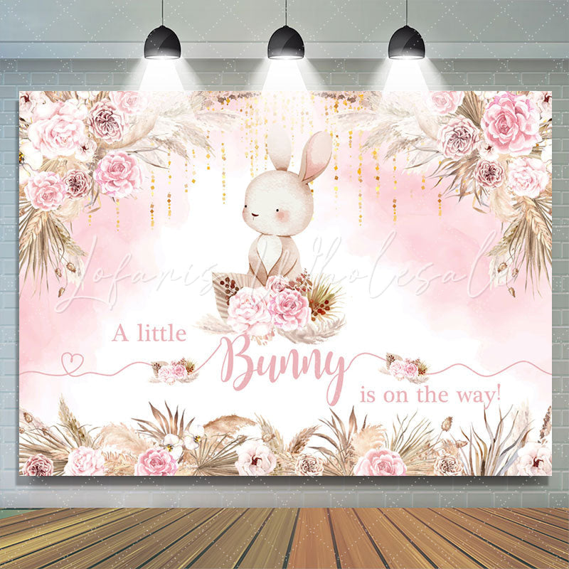 Lofaris Boho Bunny Pink Floral Bulrush Baby Shower Backdrop